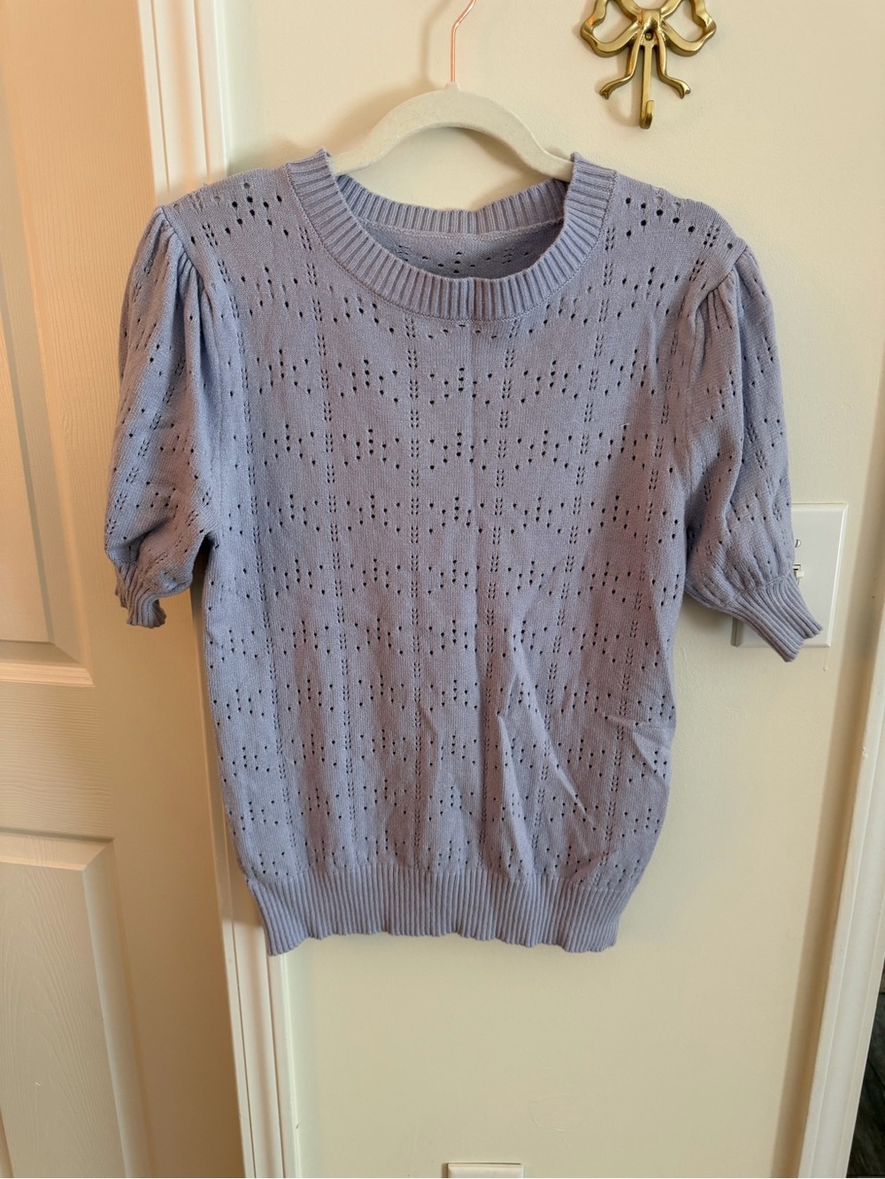 Lavender pointelle short sleeve sweater